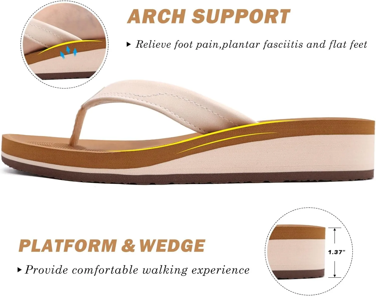 COFACE Flip Flops for Women With Comfortable Arch Support Ladies Fashion Platform Thong Sandals Soft Yoga Mat Sole For Beach/Indoor Outdoor