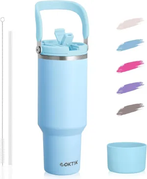 COKTIK 40 oz Tumbler with Handle and Straw, Double Insulated Tumblers with Flip Straw and Top Handle, Leakproof Tumbler, Stanley Cup, Insulated Water Bottle (Light Blue)
