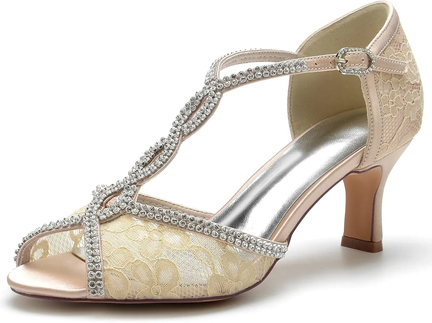 Comfortable Wedding Bridal Shoes Beaded Lace with mid Heeled Open Toe Pumps Sandals Shoes Women Dress Shoes for Wedding Woman Bride High Heels