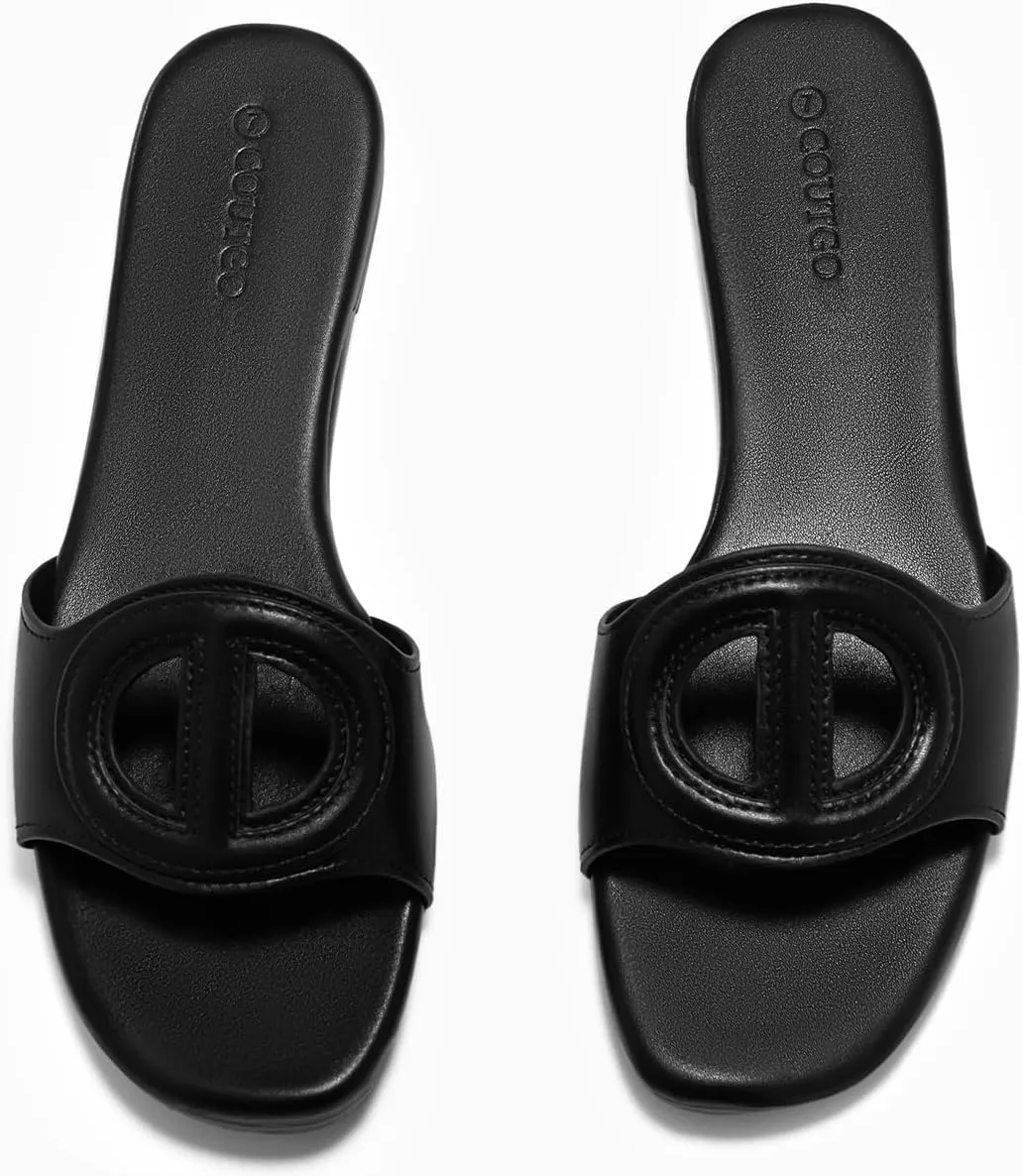Coutgo Womens Dressy Flat Sandals Open Toe Slip on Leather Summer Beach Slide Sandals