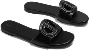 Coutgo Womens Dressy Flat Sandals Open Toe Slip on Leather Summer Beach Slide Sandals