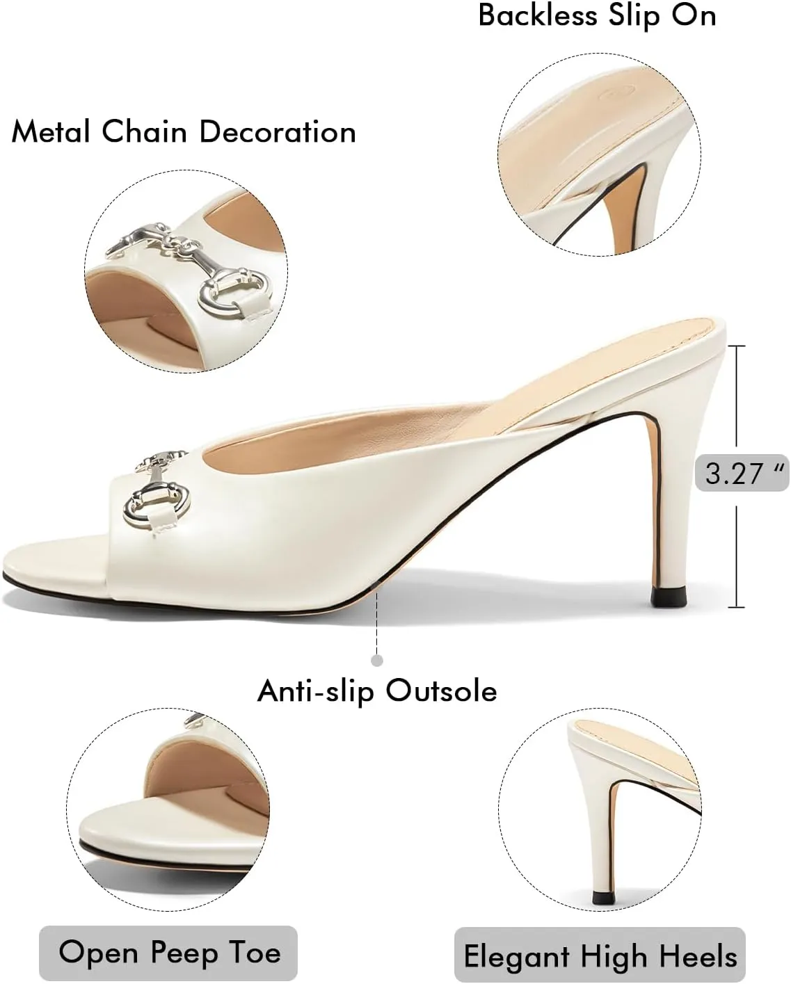 Coutgo Womens Heeled Mules Peep Toe High Heels Backless Dress Shoes Summer Slide Sandals with Metal Chain