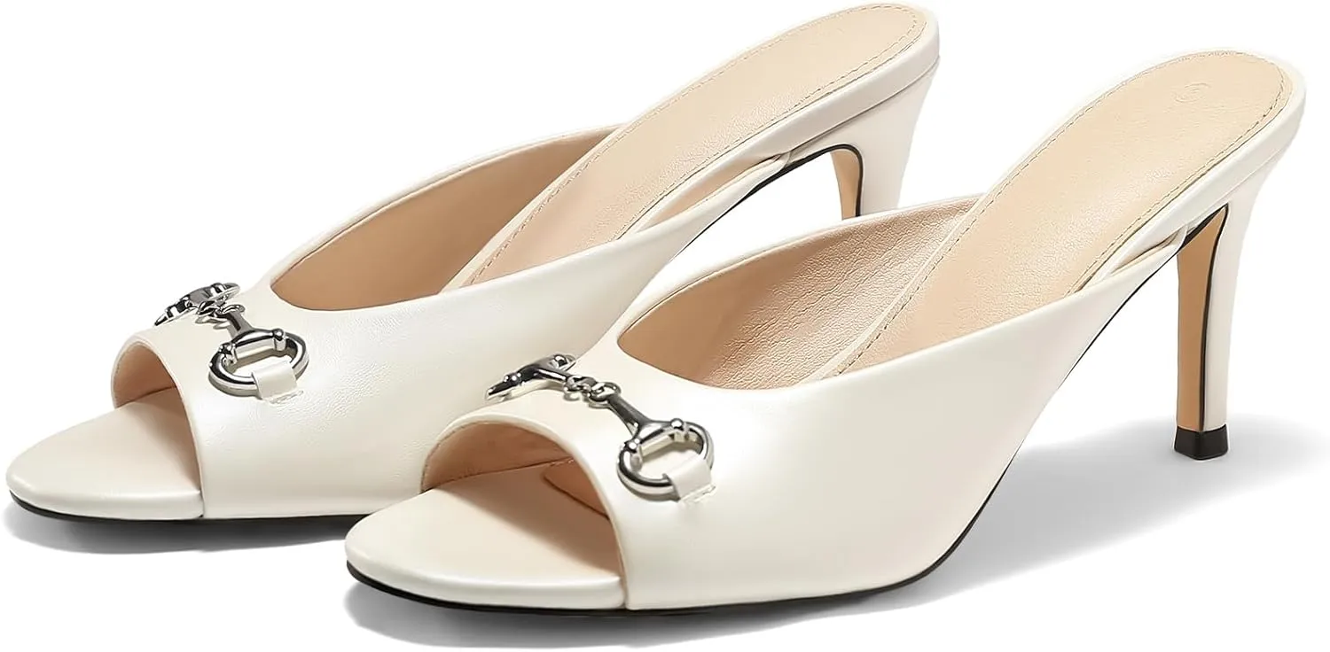Coutgo Womens Heeled Mules Peep Toe High Heels Backless Dress Shoes Summer Slide Sandals with Metal Chain