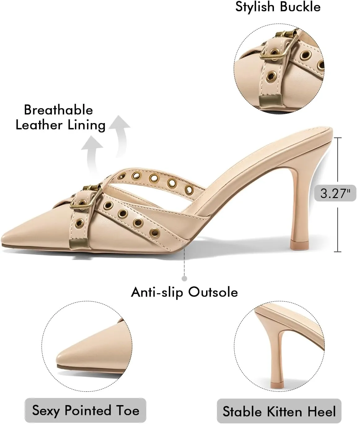 Coutgo Womens High Heels Mules Studded Slip On Mule Sandals Backless Buckle Dress Shoes Closed Pointed Toe Pumps