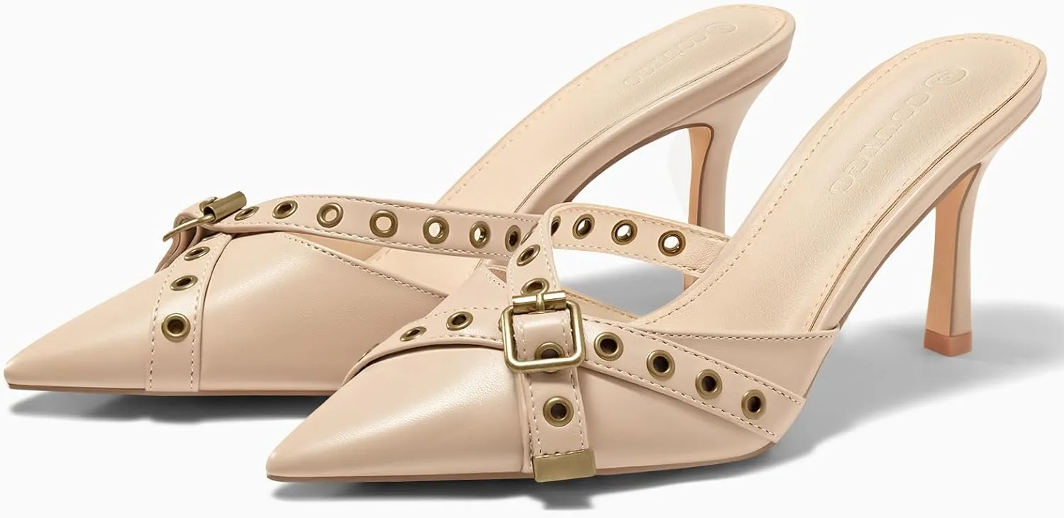 Coutgo Womens High Heels Mules Studded Slip On Mule Sandals Backless Buckle Dress Shoes Closed Pointed Toe Pumps