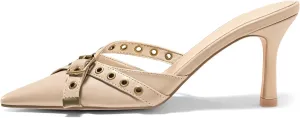 Coutgo Womens High Heels Mules Studded Slip On Mule Sandals Backless Buckle Dress Shoes Closed Pointed Toe Pumps