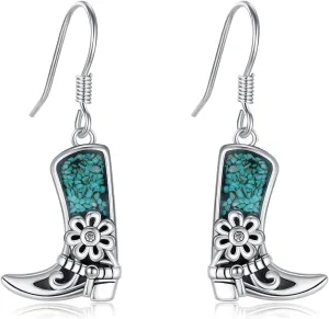 Cowboy Boot Earrings 925 Sterling Silver Western Cowgirl Earrings Turquoise Dangle Earring Flower Earring Country Jewelry Gifts for Women