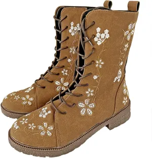 Crzidha Vintage Combat Boots for Women,Classic Side Zipper Lace Up Low Heel Riding Ankle Boots Chic Stylish Floral Embroidered Suede Boots Casual Winter Fall Walking Travel Flat Shoes