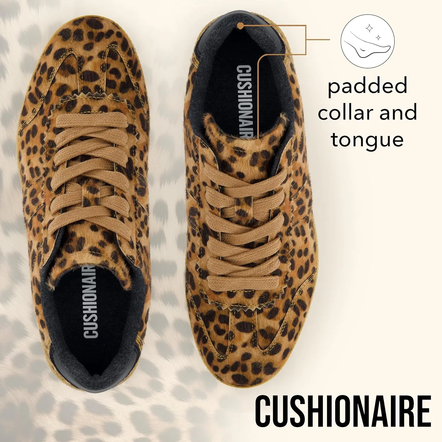 CUSHIONAIRE Bravado Women’s Vegan Hair Calf Leopard Print Lace-Up Sneakers – Stylish Everyday Shoes with Cushioned Comfort