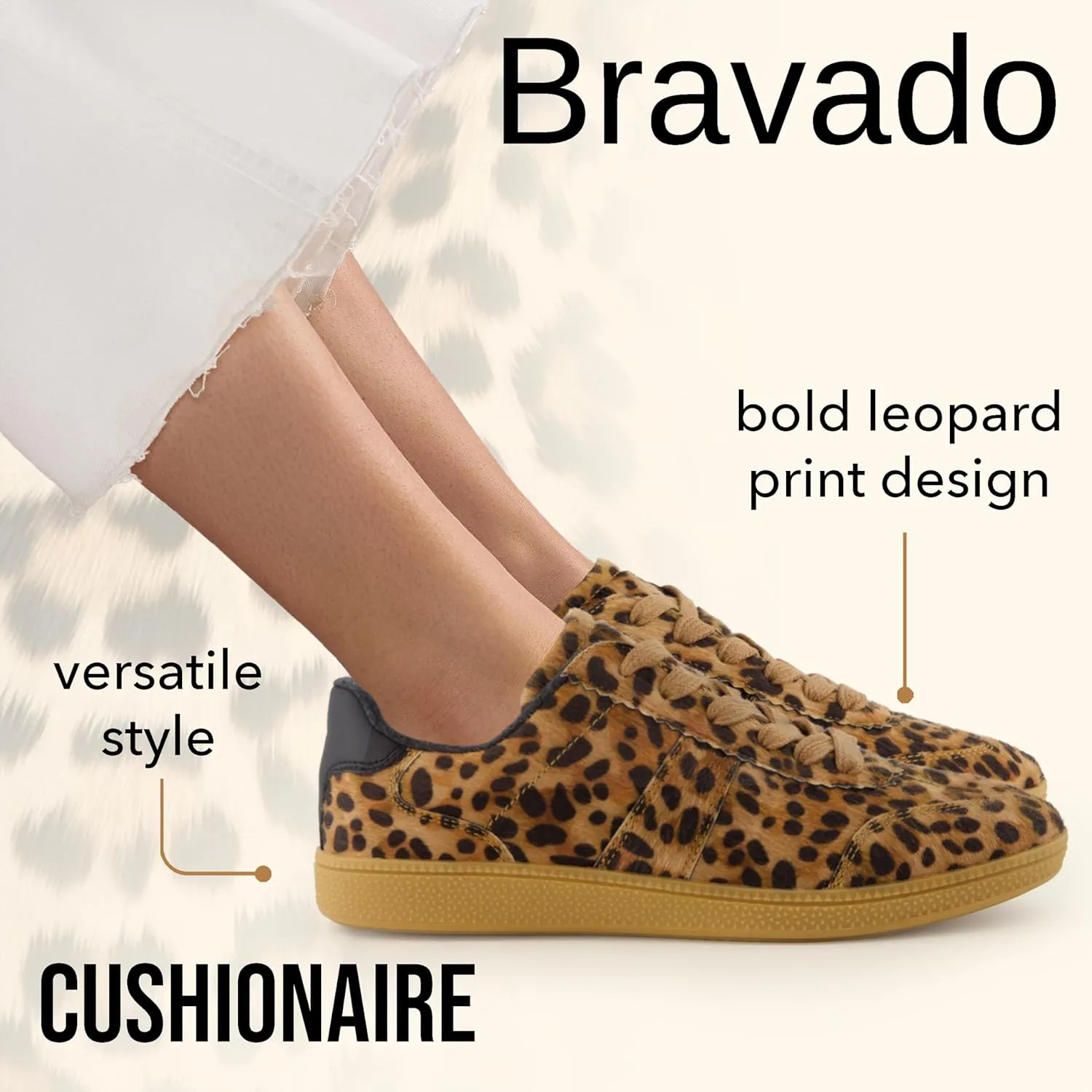 CUSHIONAIRE Bravado Women’s Vegan Hair Calf Leopard Print Lace-Up Sneakers – Stylish Everyday Shoes with Cushioned Comfort