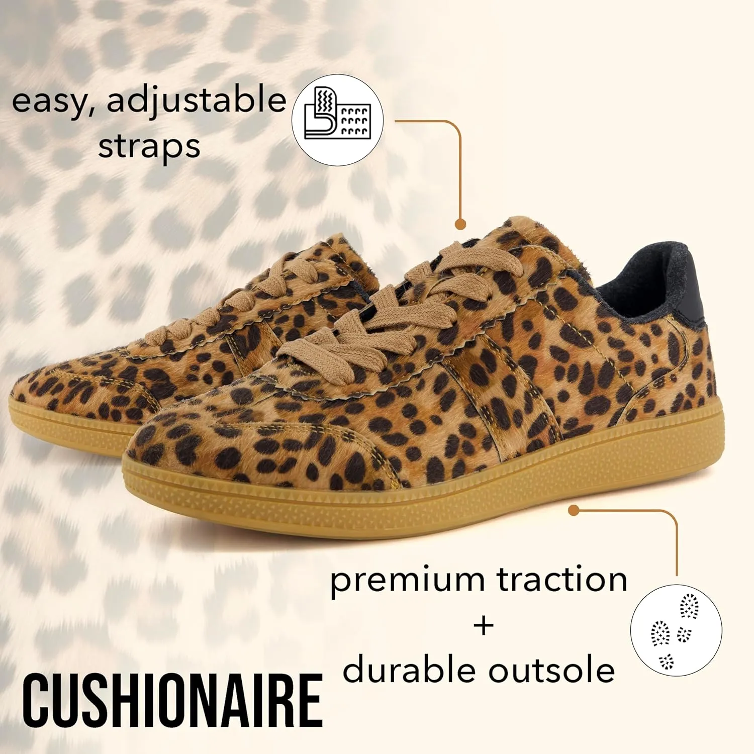 CUSHIONAIRE Bravado Women’s Vegan Hair Calf Leopard Print Lace-Up Sneakers – Stylish Everyday Shoes with Cushioned Comfort