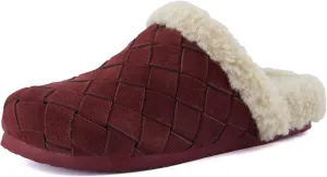 CUSHIONAIRE Cliché Genuine Suede Woven Mule Slippers for Women Indoor and Outdoor - Slip On Faux Fur Lining Women Footwear for Comfort