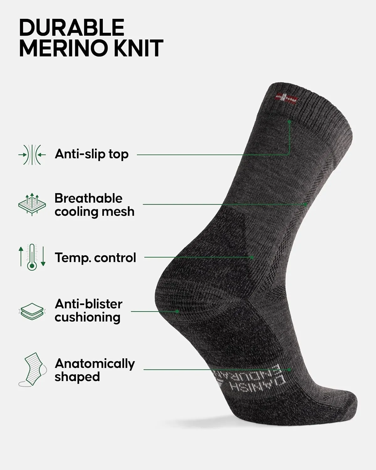 DANISH ENDURANCE Hiking Socks, Merino Wool Socks, Anti Blister, Cushioned, Breathable, Men & Women, 3-Pack