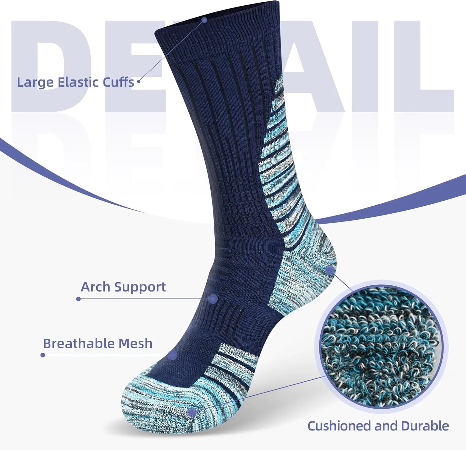 DarkCom Men's Crew Socks for Work, Hiking, Running and Athletic Sports, 5 Pairs Cushioned Support Boot Socks