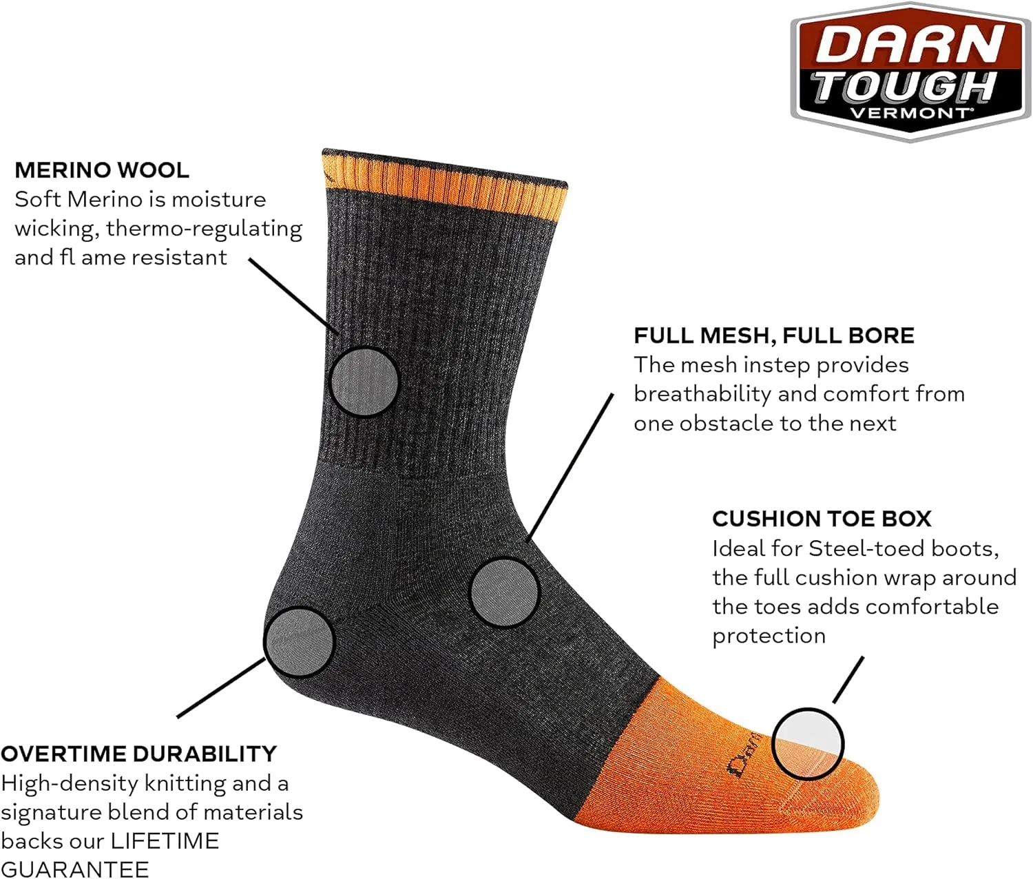 Darn Tough Vermont Men's Merino Wool Steely Micro Crew Cushion w/Extra Cushion Toe Socks