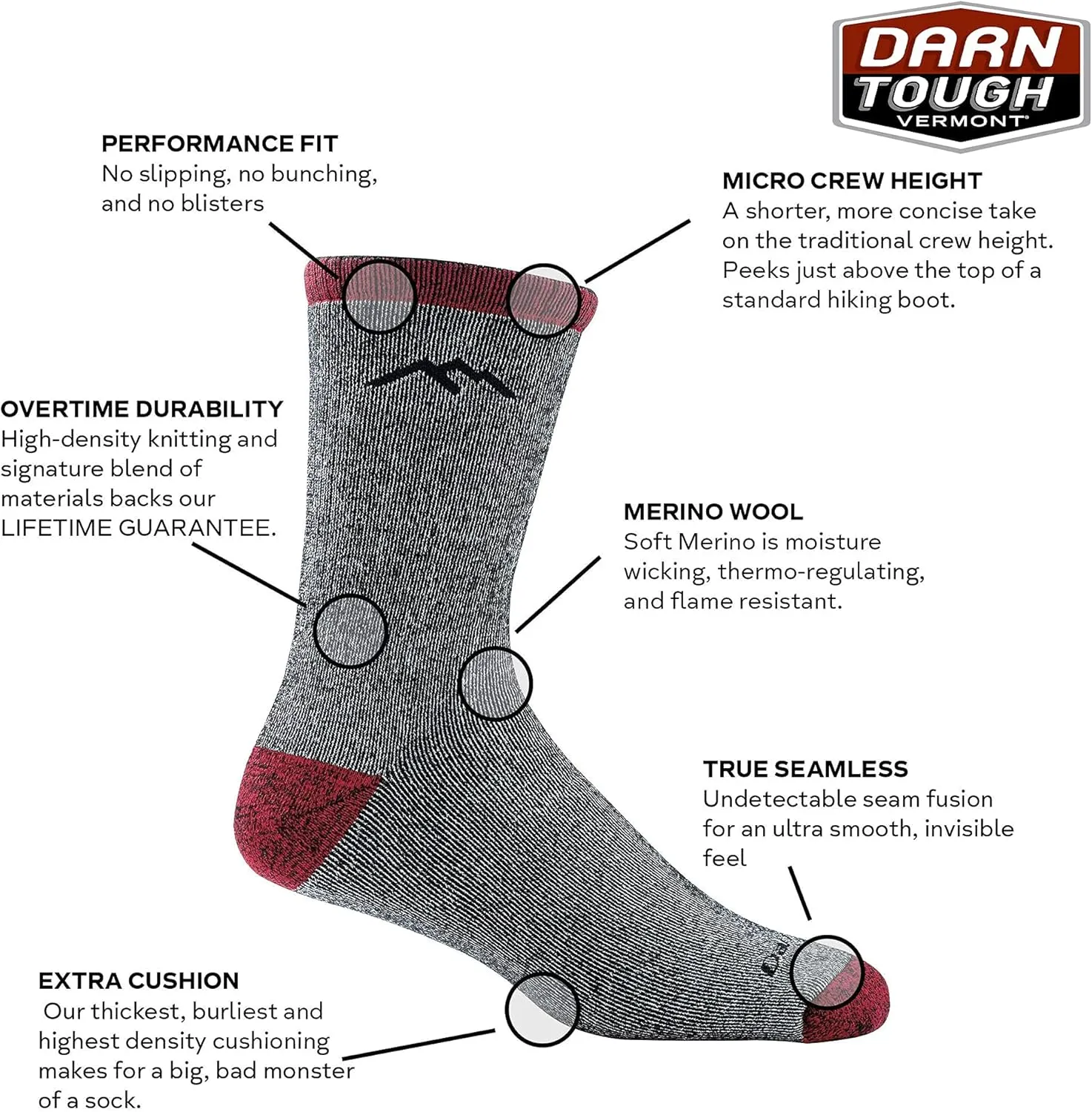 Darn Tough Vermont (Style 1953 Men's Mountaineering Hike/Trek Micro Crew Merino Wool Sock - Heavyweight with Full Cushion