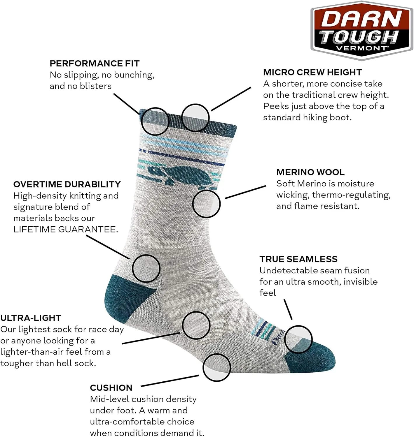Darn Tough Women's Pacer Micro Crew Ultra-Lightweight with Cushion - 1050 Merino Wool Socks for Running