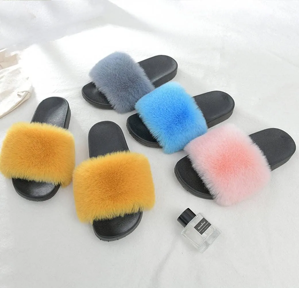 Dayiss Women's Fur Fluffy Slides Womens Furry Slippers Open Toe Indoor Outdoor House Casual Flat Shoes Summer Sandals Fuzzy Slides
