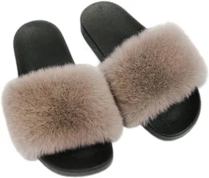 Dayiss Women's Fur Fluffy Slides Womens Furry Slippers Open Toe Indoor Outdoor House Casual Flat Shoes Summer Sandals Fuzzy Slides