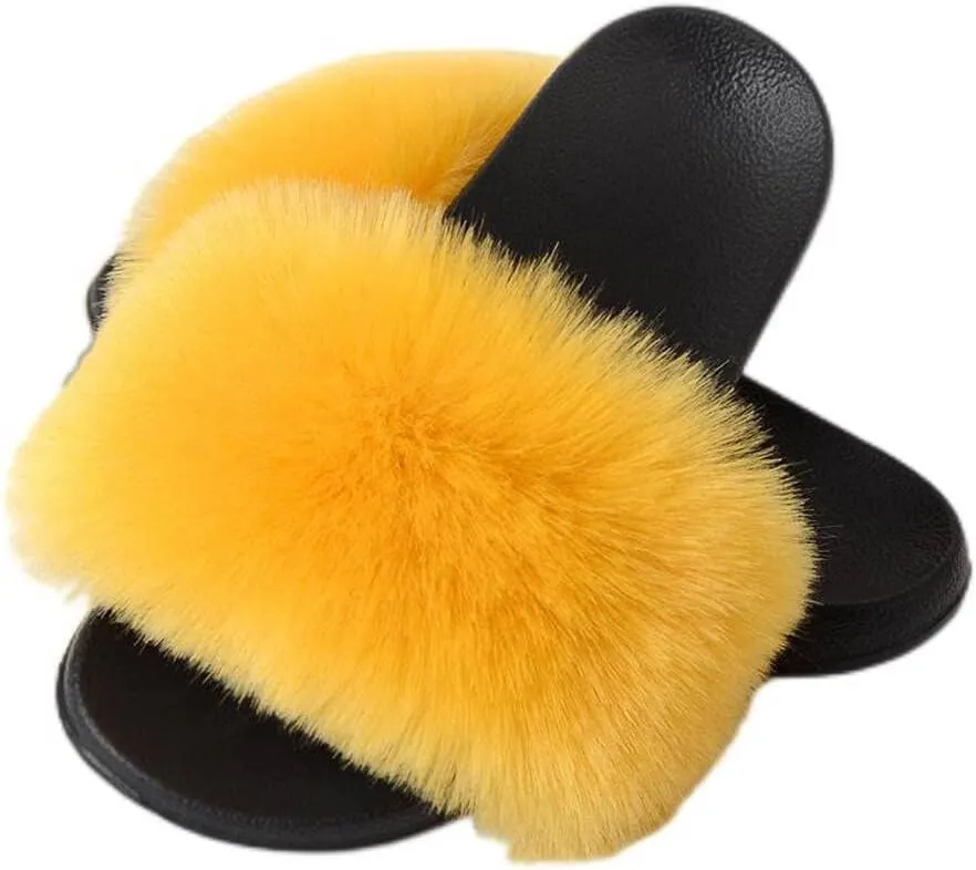 Dayiss Women's Fur Fluffy Slides Womens Furry Slippers Open Toe Indoor Outdoor House Casual Flat Shoes Summer Sandals Fuzzy Slides