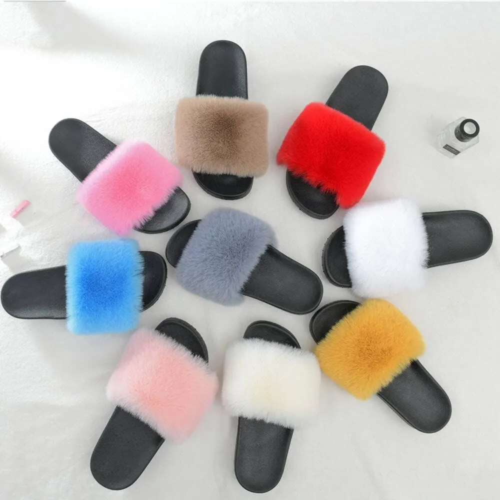 Dayiss Women's Fur Fluffy Slides Womens Furry Slippers Open Toe Indoor Outdoor House Casual Flat Shoes Summer Sandals Fuzzy Slides