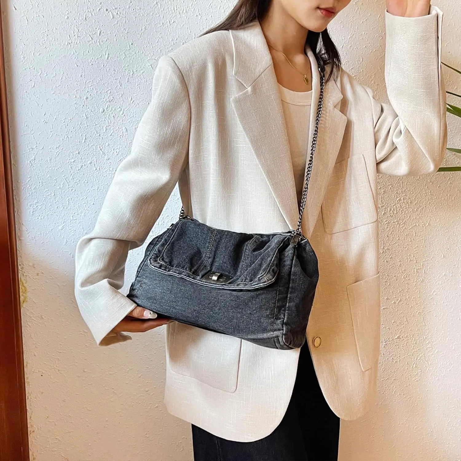 Denim Purse, Denim Crossbody Bag Y2K Jean Purses for Women Trendy Flip Shoulder Handbag