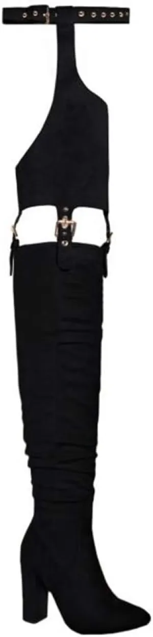 DETOGNI Women's Fashion Over The Knee Belted Pointed Toe Long Boots Sexy Buckle Strap Side Zipper Block Heels ​Thigh High Boots