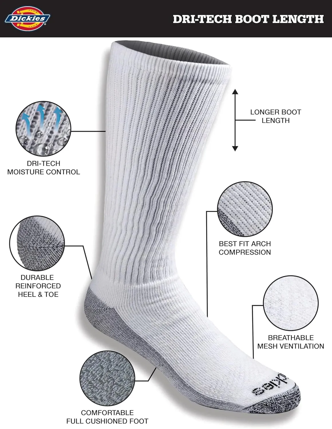Dickies Men's Dri-Tech Moisture Control Boot-Length Socks, Available in L-XL (6, 12 Pairs)