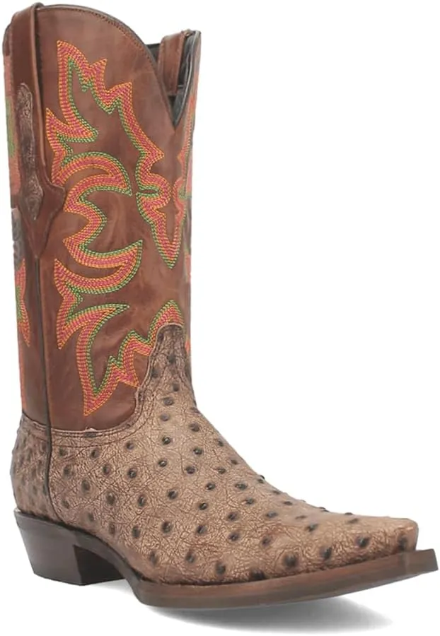 Dingo Mens Outlaw Embroidered Ostrich Print Snip Toe Casual Boots Mid Calf - Brown