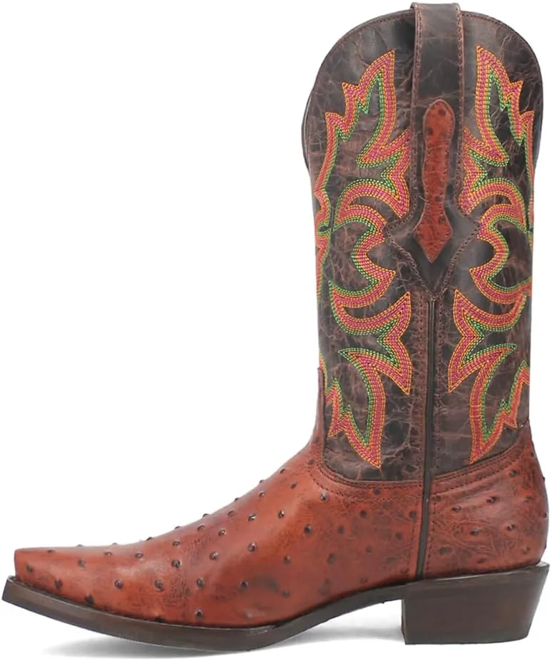 Dingo Mens Outlaw Embroidered Ostrich Print Snip Toe Casual Boots Mid Calf - Brown