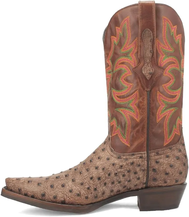Dingo Mens Outlaw Embroidered Ostrich Print Snip Toe Casual Boots Mid Calf - Brown