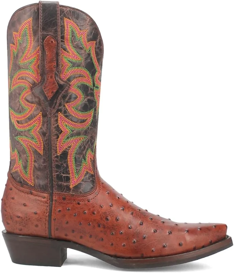 Dingo Mens Outlaw Embroidered Ostrich Print Snip Toe Casual Boots Mid Calf - Brown