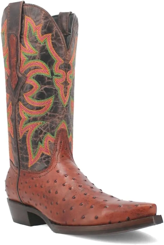 Dingo Mens Outlaw Embroidered Ostrich Print Snip Toe Casual Boots Mid Calf - Brown
