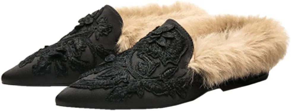 Divanne Slip On Loafers, Womens Embroidery Mule Shoes with Plush Lamb Fur Velvet Backless Pointed Toe Mule Slide