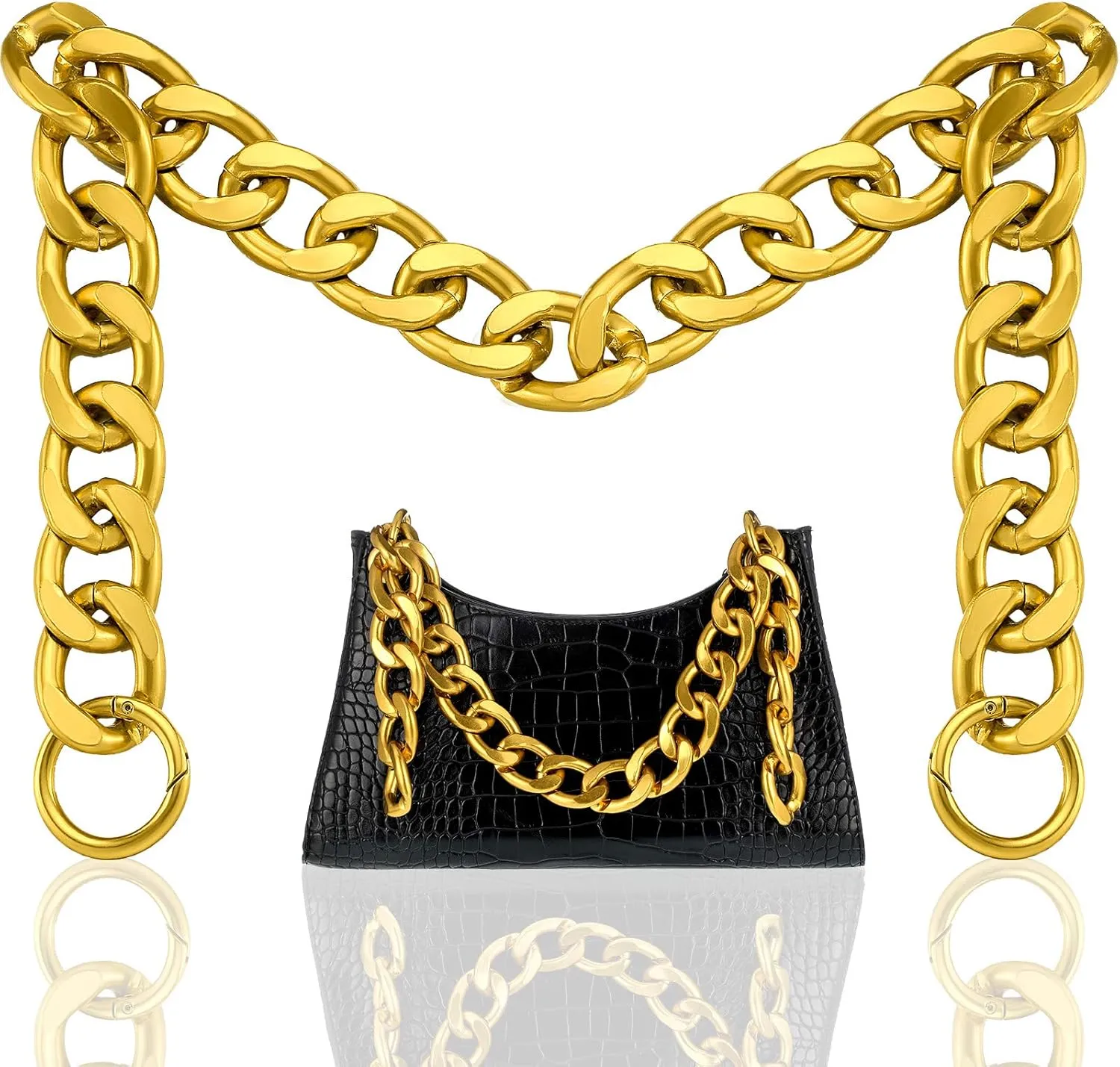 DIY Flat Chain Strap Chunky Metal Purse Handle Bag Chain Aluminum Purse Shoulder Strap Replacement Handbag Shoulder Accessory with Ring Buckle, Gold