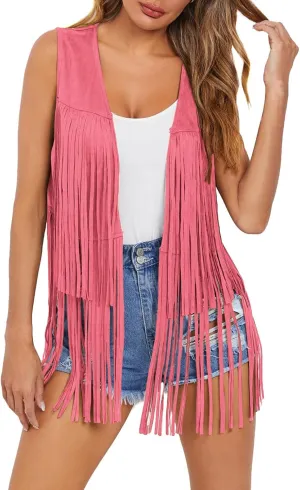 Dokotoo Womens Fringe Vest 70s Hippie Costume Sleeveless Cowgirl Western Faux Suede Tassel Leather Outerwear