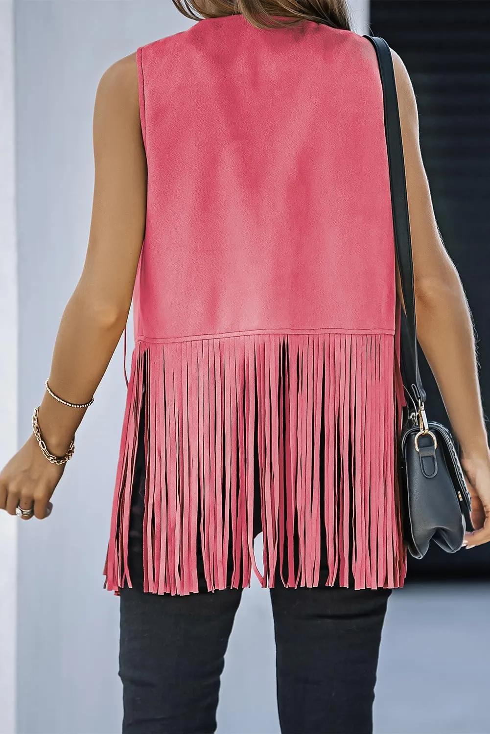 Dokotoo Womens Fringe Vest 70s Hippie Costume Sleeveless Cowgirl Western Faux Suede Tassel Leather Outerwear