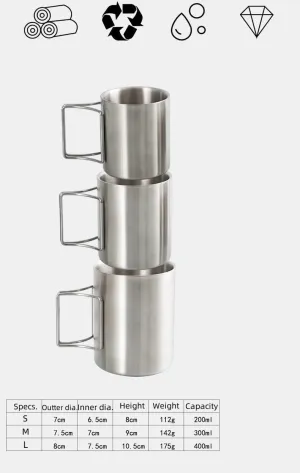 Double-layered Coffee Cup, Outdoor Camping Stainless Steel Folding Water Cup, Portable Hiking Cup, Mug(400ml)
