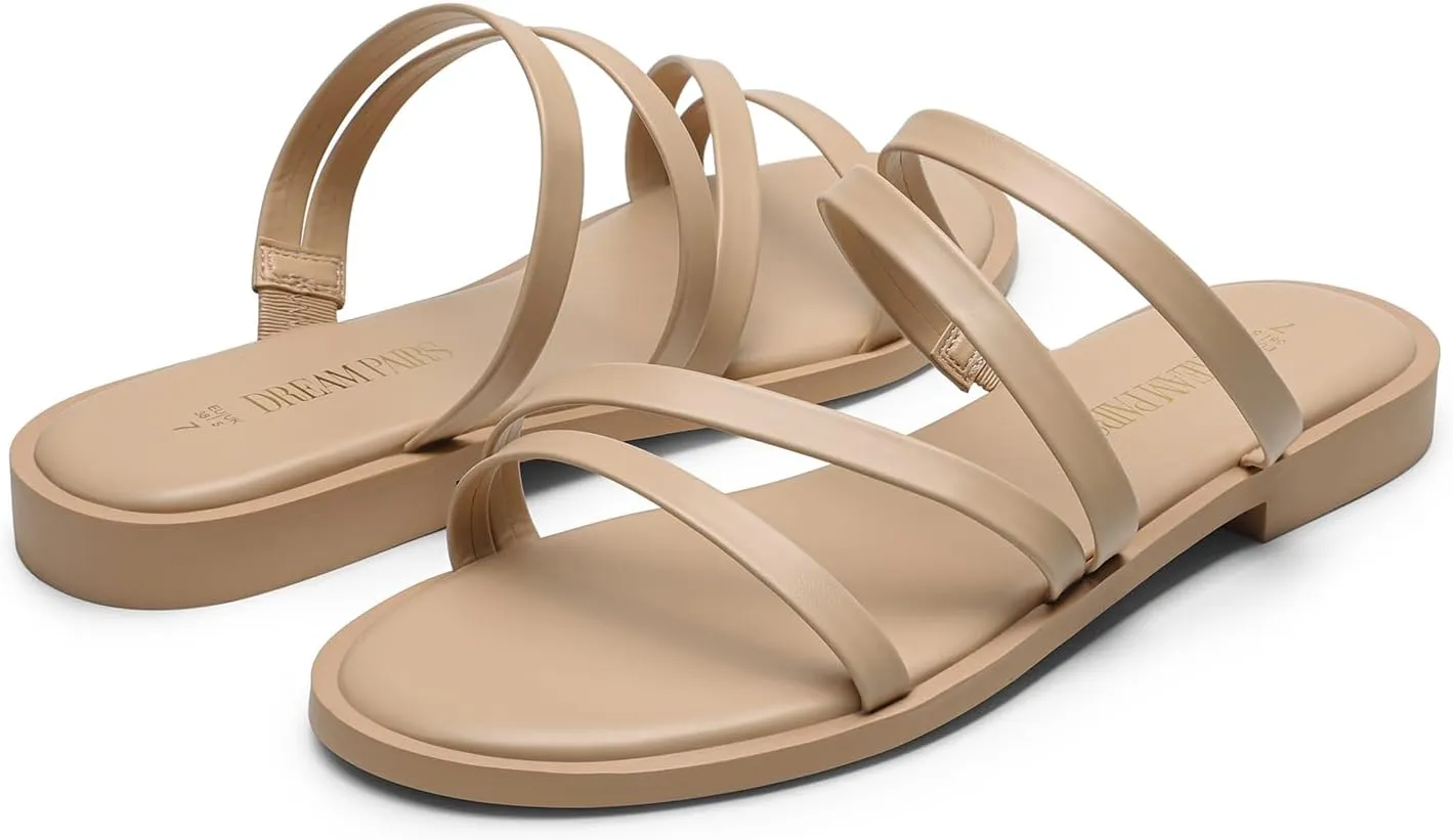 DREAM PAIRS Women's Clear Studded Rhinestone Slide Sandals Slip on Open Toe Cute Flat Sandals for Summer