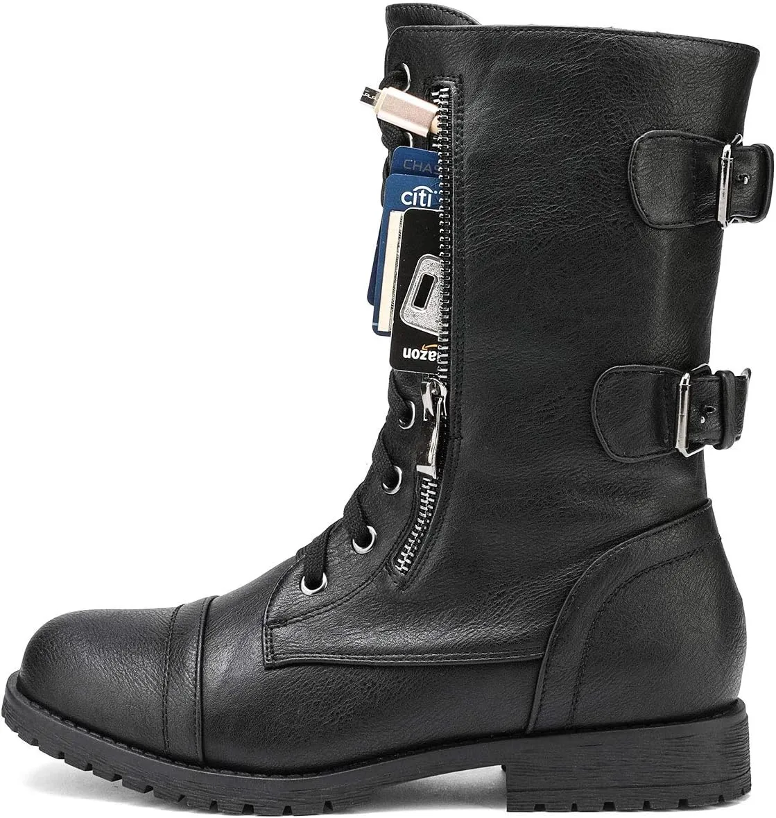 DREAM PAIRS Women's Mid Calf Built-in Wallet Pocket Lace up Military Combat Boots