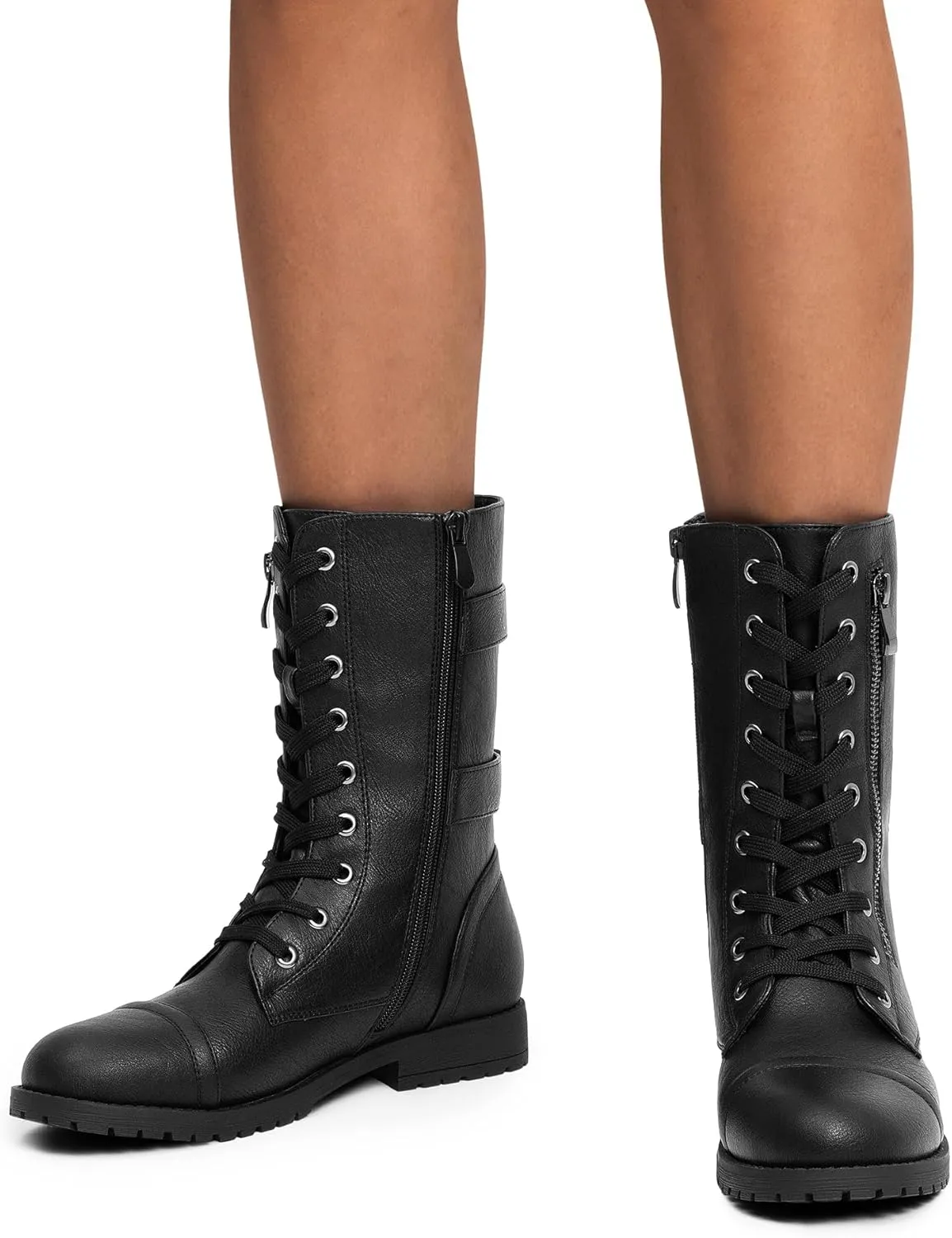 DREAM PAIRS Women's Mid Calf Built-in Wallet Pocket Lace up Military Combat Boots