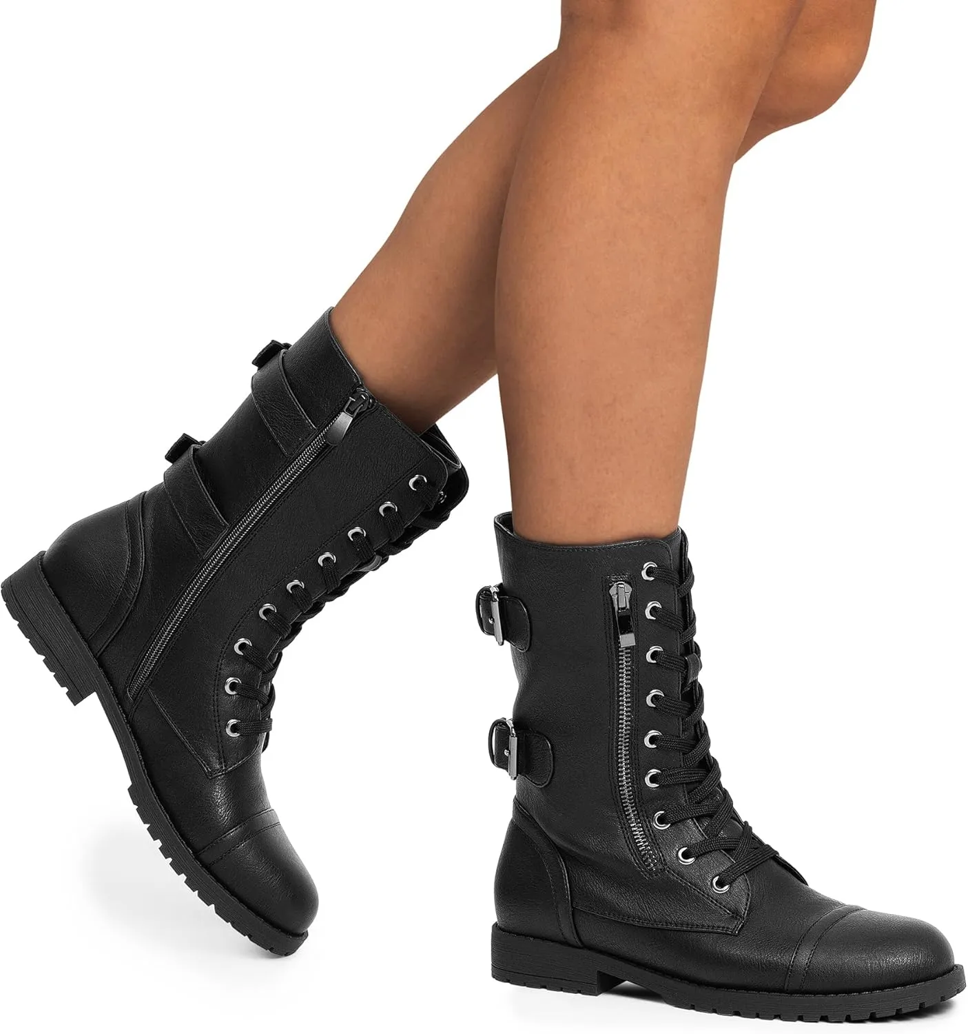 DREAM PAIRS Women's Mid Calf Built-in Wallet Pocket Lace up Military Combat Boots