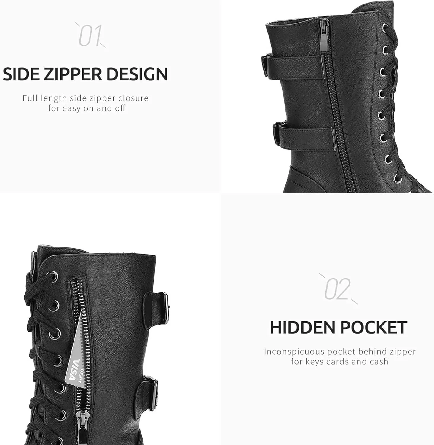 DREAM PAIRS Women's Mid Calf Built-in Wallet Pocket Lace up Military Combat Boots