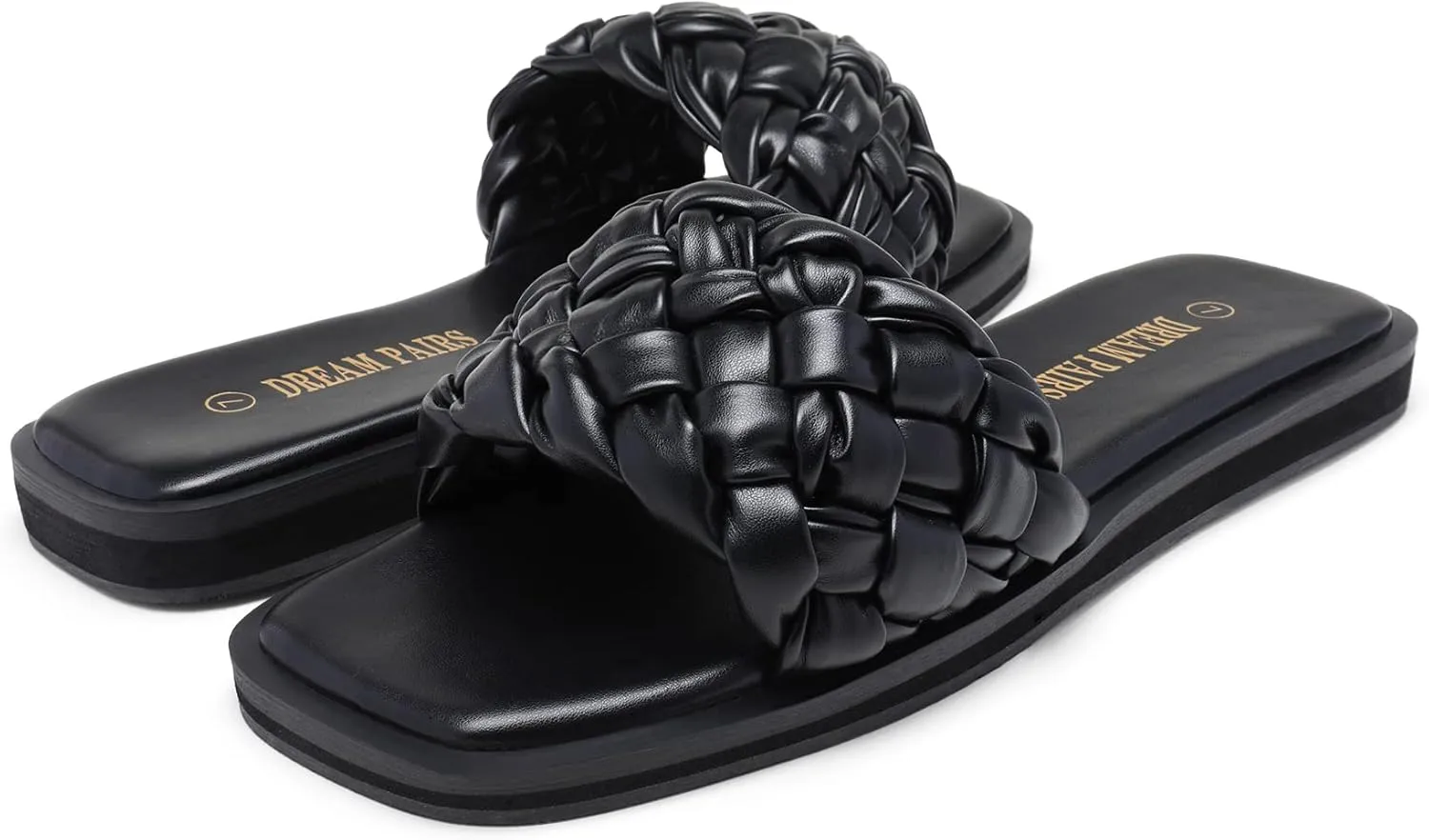 DREAM PAIRS Women's Square Open Toe Slide Sandals Cute Slip on Braided Strap Rhinestone Flat Sandals for Summer