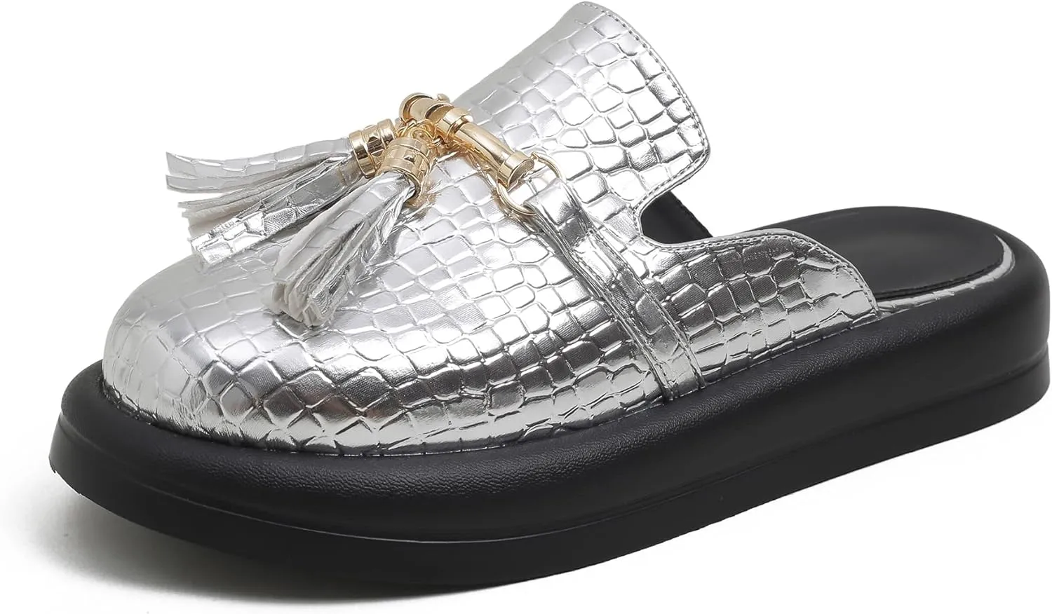 Dumalum Mules for Women Flats Closed Round Toe Slip on Sandals Comfortable Loafers Slides Shoes with Metal Chain Decor