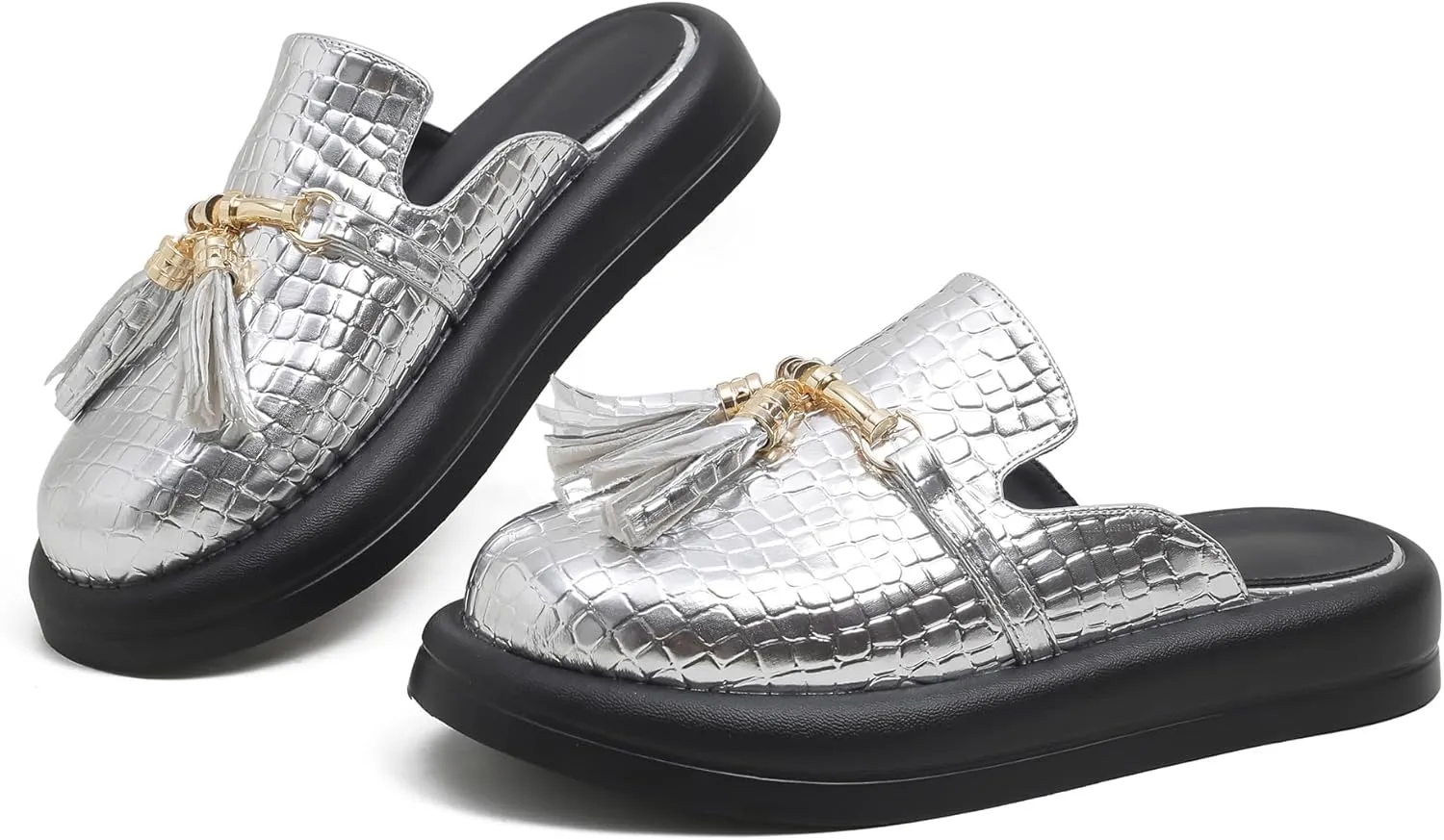Dumalum Mules for Women Flats Closed Round Toe Slip on Sandals Comfortable Loafers Slides Shoes with Metal Chain Decor