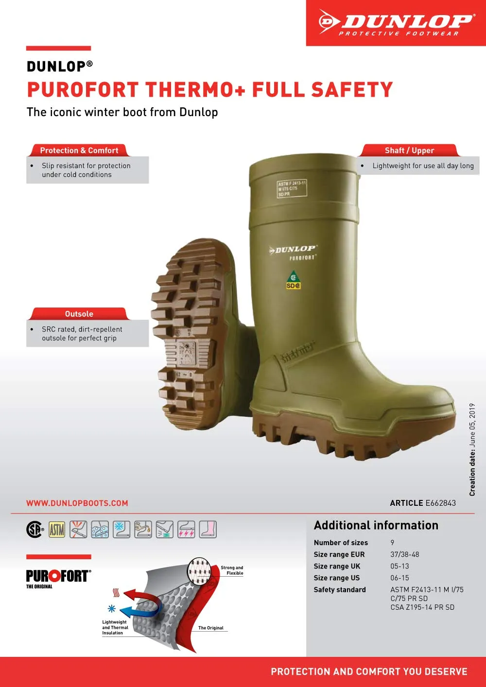 DUNLOP Protective Footwear, Purofort Thermo  Full Safety, 100% Waterproof Purofort Material, Lightweight and Durable Protective Footwear, Slip-Resistant, E662843.10, Size 10 US, Green/Brown