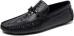 Easy to Put and Remove Loafer Shoes for Men Round Toe Faux Crocodile Print Moccasins Leather Lightweight Flexible Flat Heel Driving Slip On for All Occasions (Color : Black, Size : 7.5)