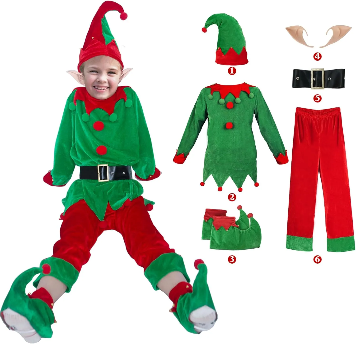 Elf Costume for Kids - Christmas Accessories Include Ears, Boot, Belt, Hat