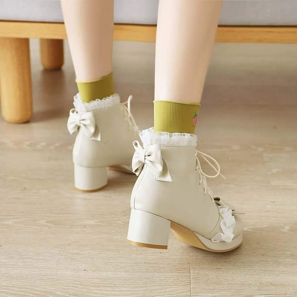 Elyffany Fashion Bow Ankle Boots Lace up Cute Chunky Heel Lolita Shoes